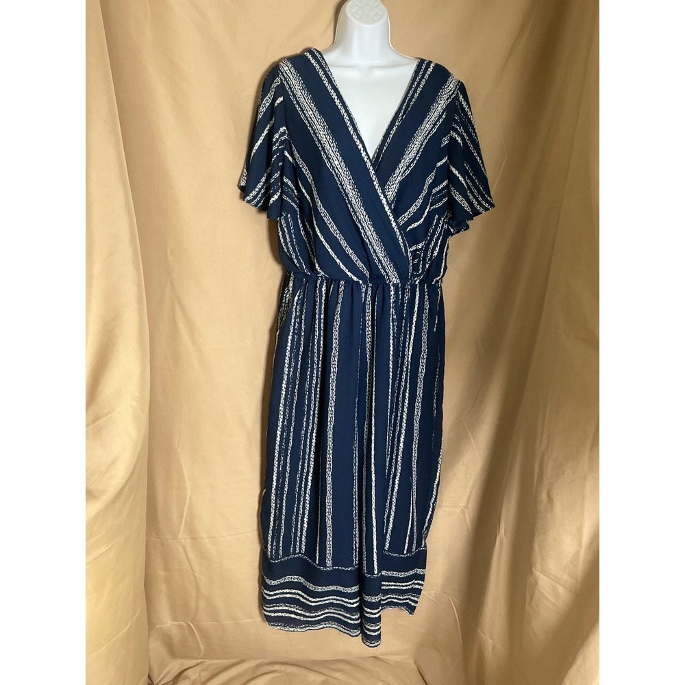 Luxology Jumpsuit Womens 2X Navy Blue Excellent Striped Wrap V-Neck Wide Leg
